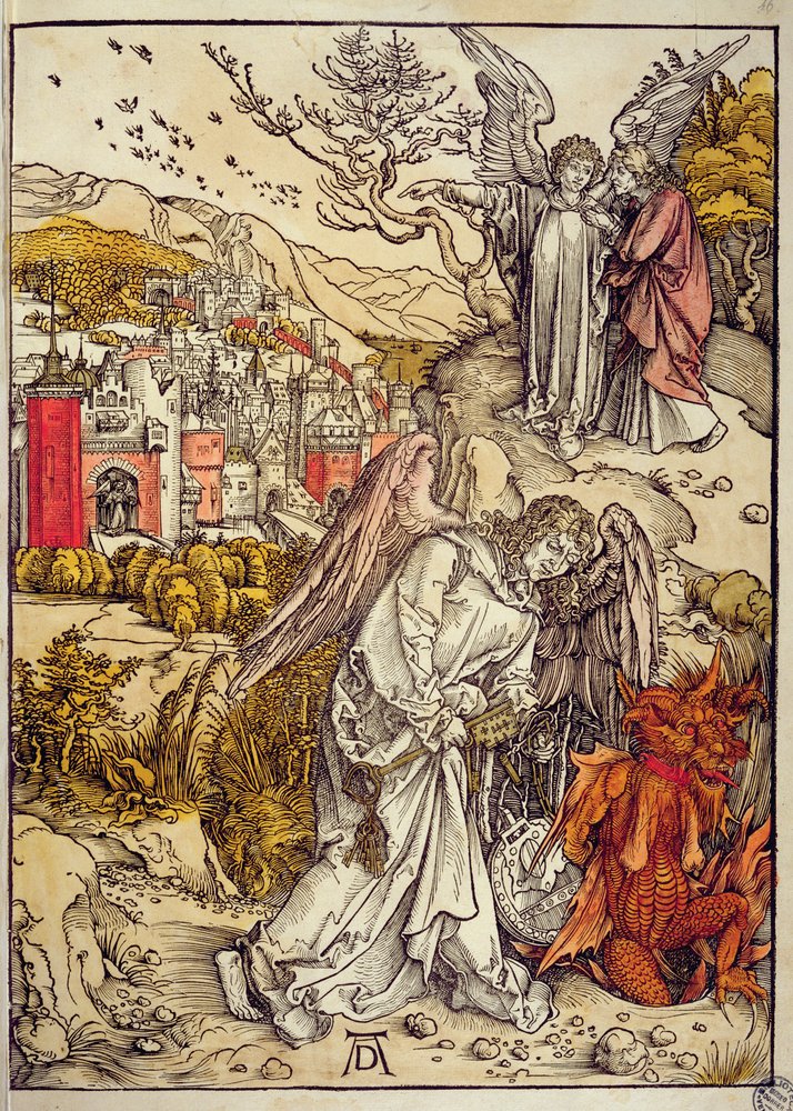 深淵の鍵を持つ天使、1498年（色の木版画）